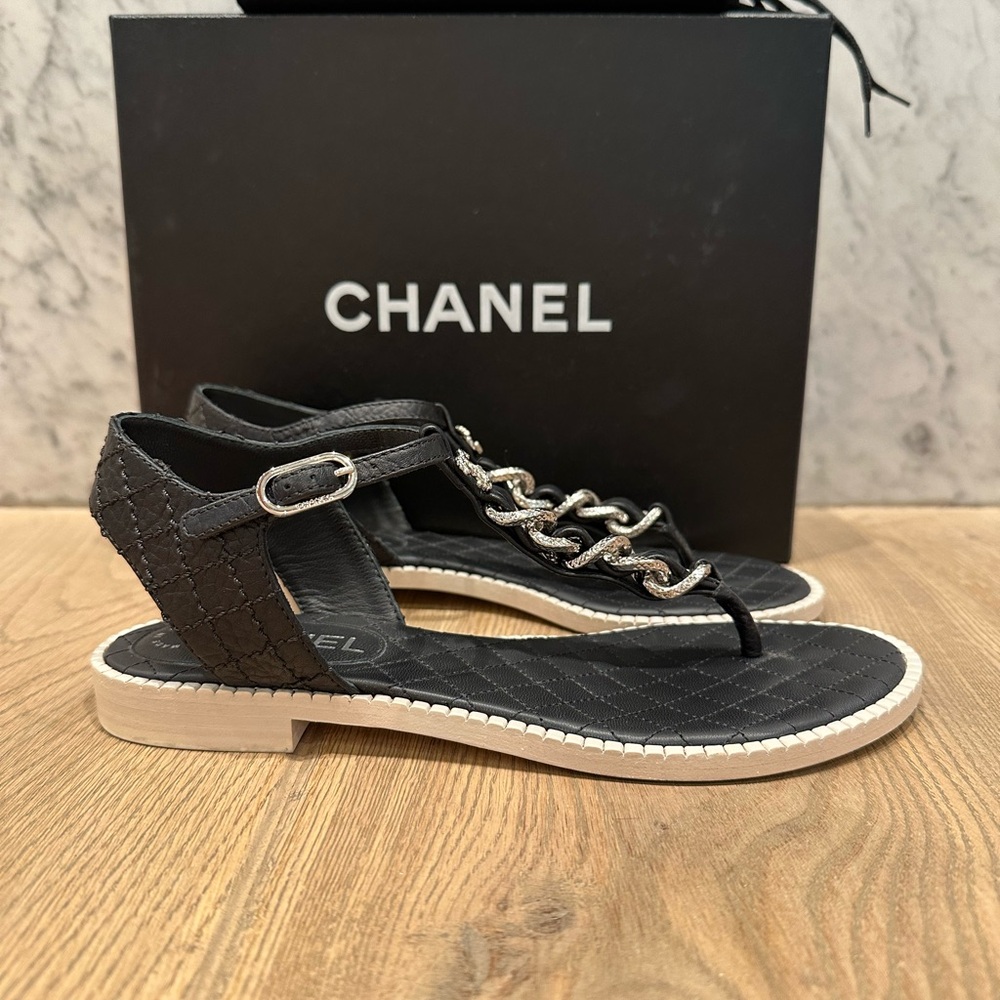 Chanel Black Sandals with Silver Chain Accent - Picture 7 of 13